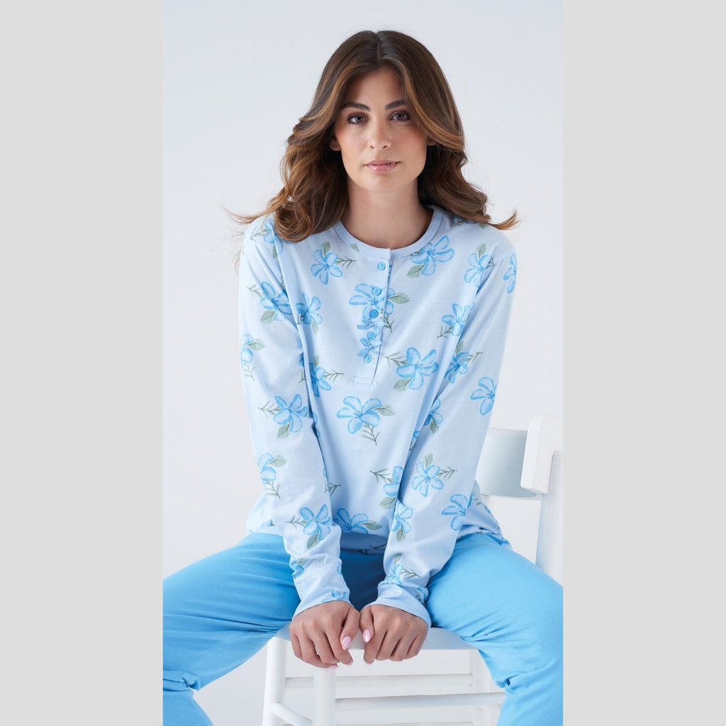 Karelpiu' Primavera Pigiama Donna Serafino Lungo In Puro Cotone Stampato Art. Ss8515pld
