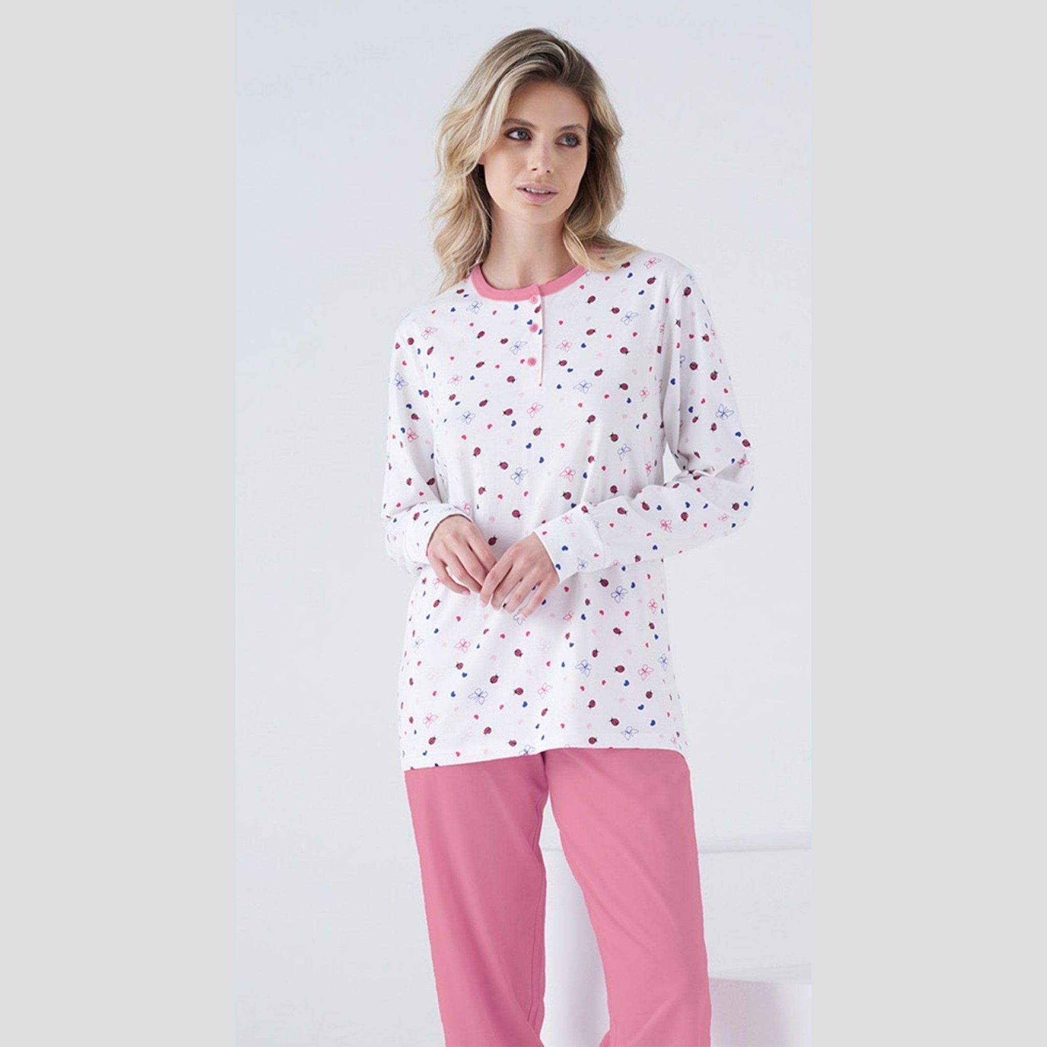 Karelpiu' Primavera Pigiama Donna Serafino Lungo In Puro Cotone Stampato Art. Ss8522pld