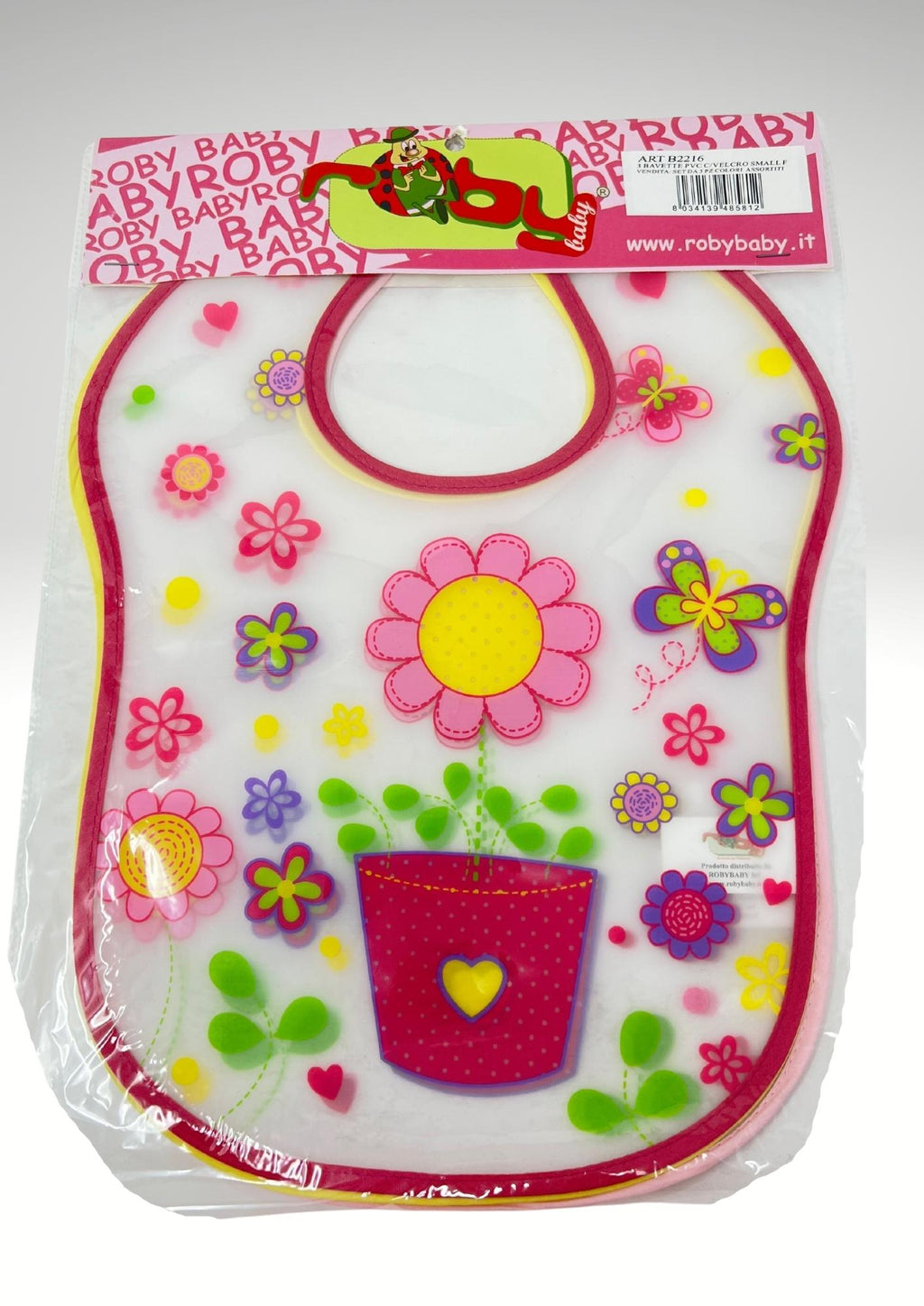 Roby Set 3pezzi Bavette In Pvc Con Velcro Stampato Colori Assortiti Femminuccia Art. B2216