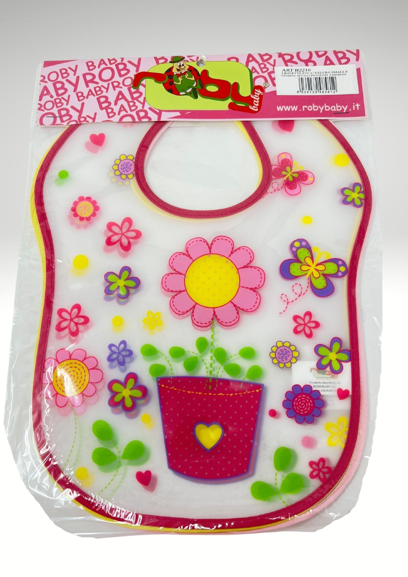 Roby Set 3pezzi Bavette In Pvc Con Velcro Stampato Colori Assortiti Femminuccia Art. B2216