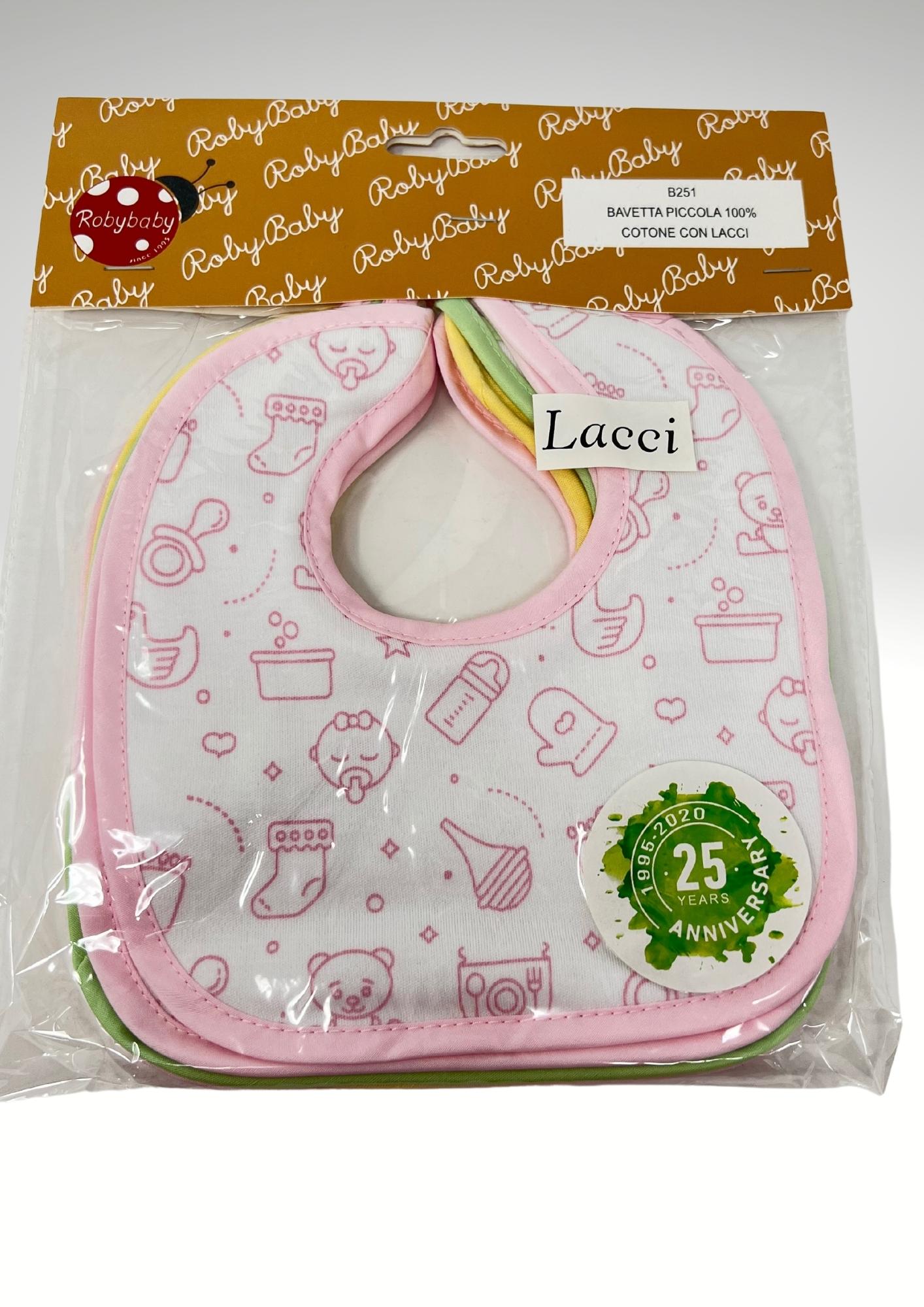 Roby - 6 Bavette  Piccole In Cotone 100% Chiusura/lacci Stampata Maschietto E Femminuccia Art. B251
