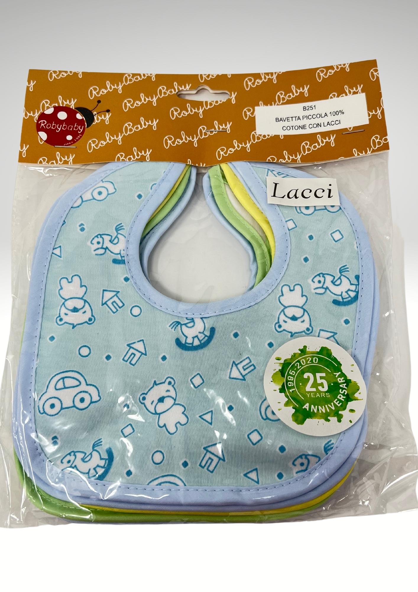 Roby - 6 Bavette  Piccole In Cotone 100% Chiusura/lacci Stampata Maschietto E Femminuccia Art. B251