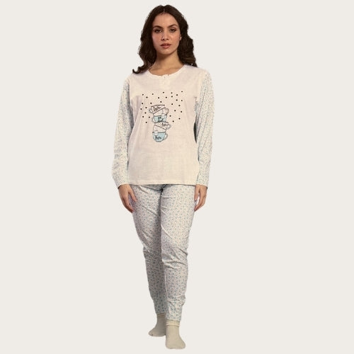 Bollicine Primavera - Pigiama Donna Cotone Serafino In Puro Cotone Pantalone Fantasia  Art. Mia