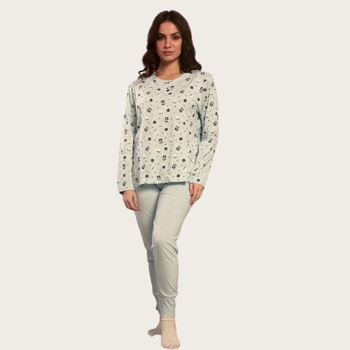 Bollicine Primavera - Pigiama Donna Cotone Serafino In Puro Cotone Pantalone Unito  Art. Camilla