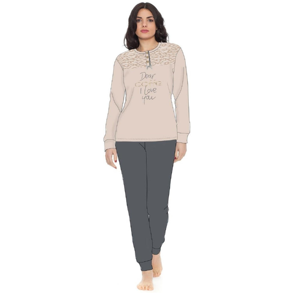 Irge Woman -pigiama Donna In Caldo Cotone 100% Serafino 3 Bottoni Con Inserto In Pizzo  Art. Mi1673