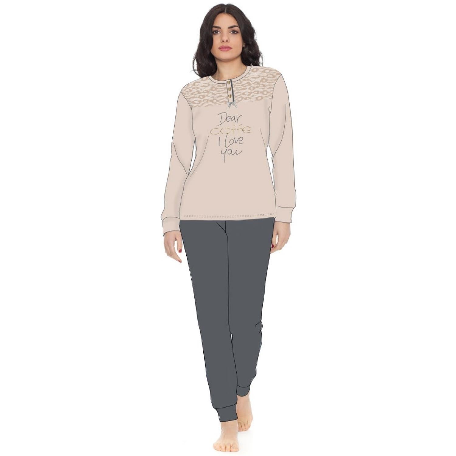 Irge Woman -pigiama Donna In Caldo Cotone 100% Serafino 3 Bottoni Con Inserto In Pizzo  Art. Mi1673