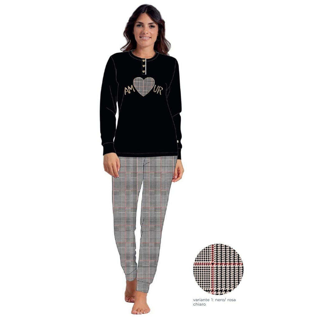 Irge Woman -pigiama Donna In Caldo Cotone 100% Serafino 3 Bottoni Con Ricamoe Stampa  Art. Mi1677