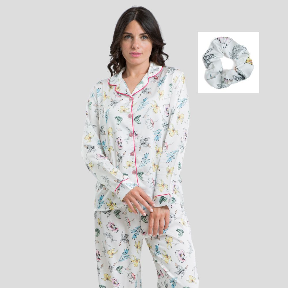 Irge Pigiama Donna In Raso Fanatasia Aperto Avanti Con Collo è Profilo A Contrasto  Art.ir1829