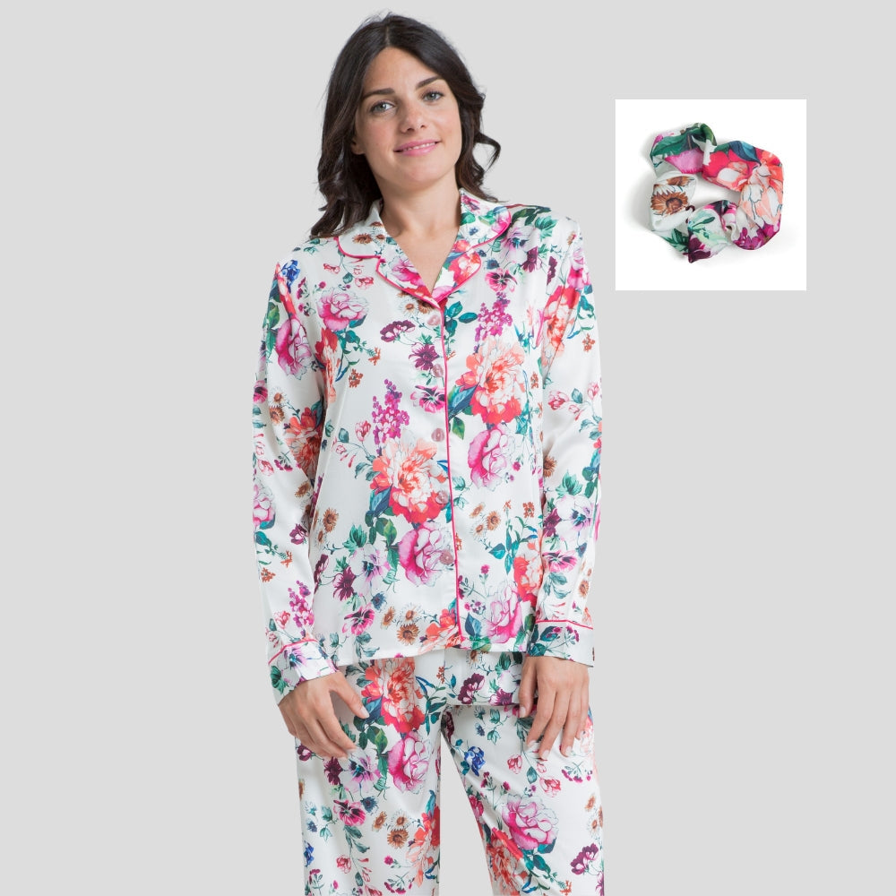 Irge Pigiama Donna In Raso Con Fanatasia Floreale Aperto Avanti Con Collo E Profilo A Contrasto Art.ir1834