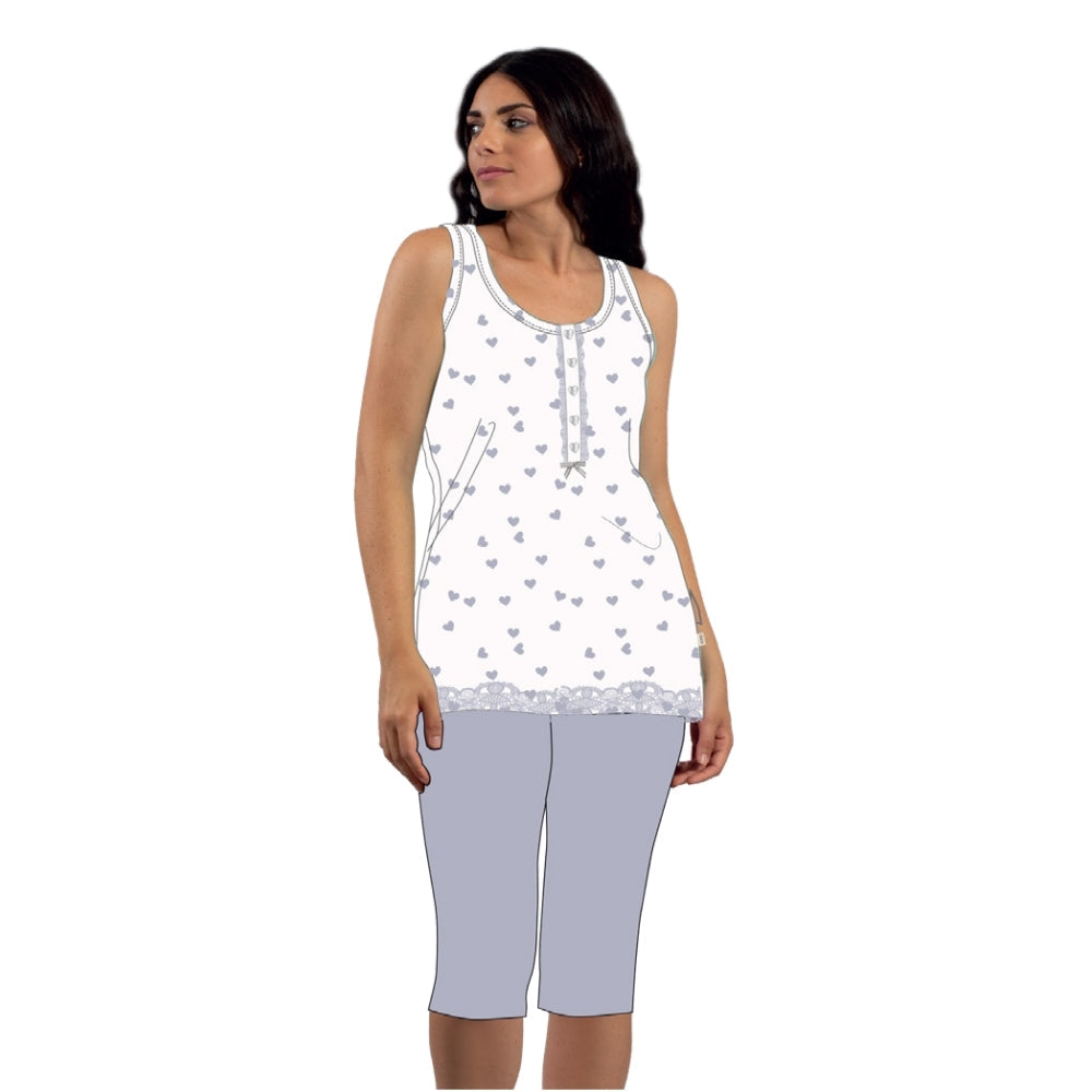 Irge - Pigiama Donna Cotone Serafino Spalla Larga Pescatore Stampato In Cotone Con Inserto Pizzo Art. Mi1787