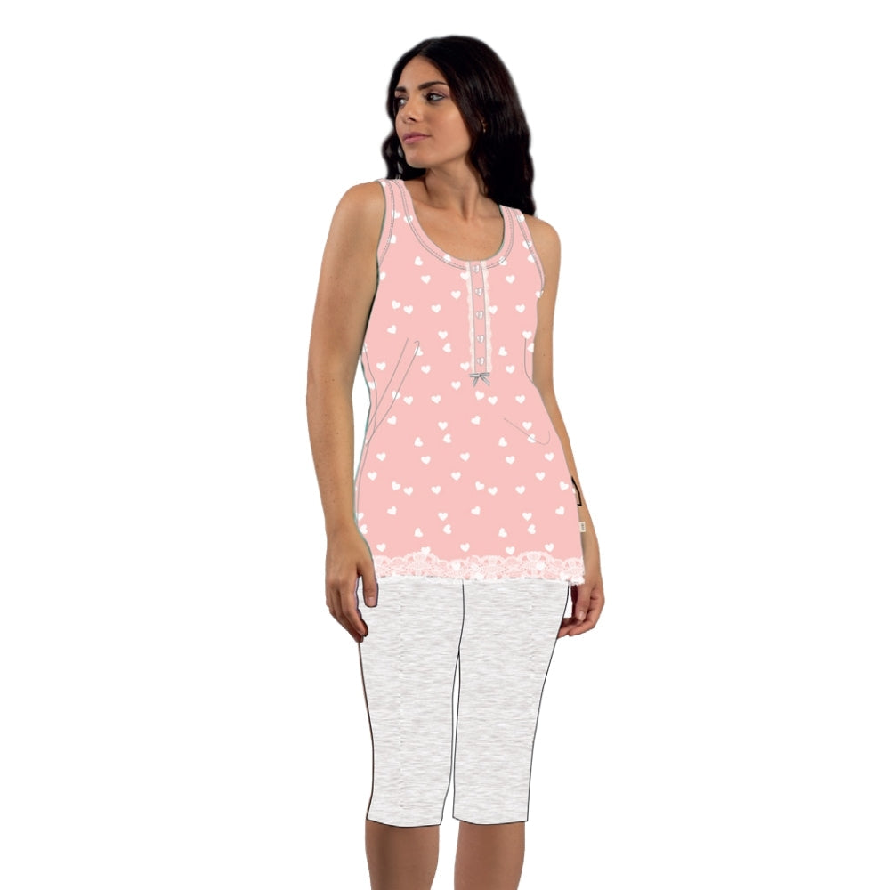 Irge - Pigiama Donna Cotone Serafino Spalla Larga Pescatore Stampato In Cotone Con Inserto Pizzo Art. Mi1787
