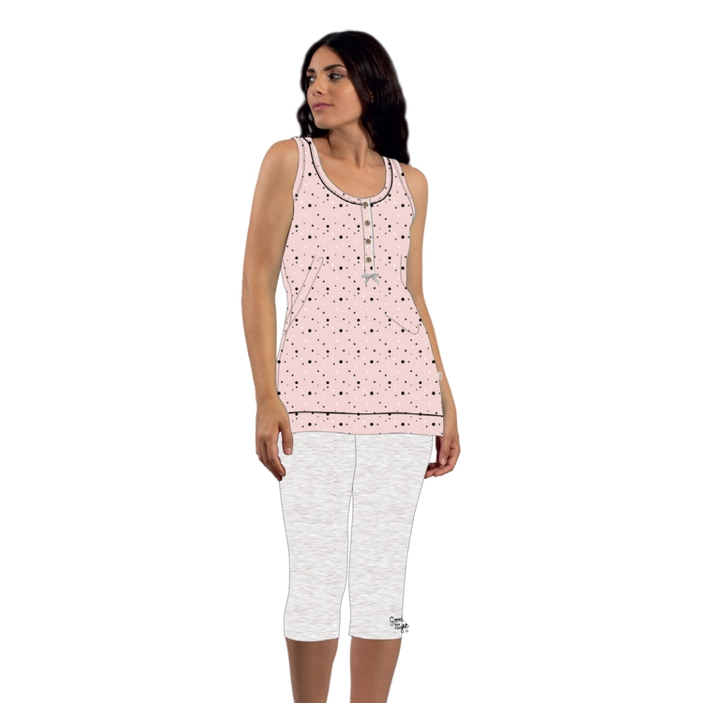 Irge - Pigiama Donna Cotone Serafino Spalla Larga Pescatore Stampato In Puro Cotone Mi1807