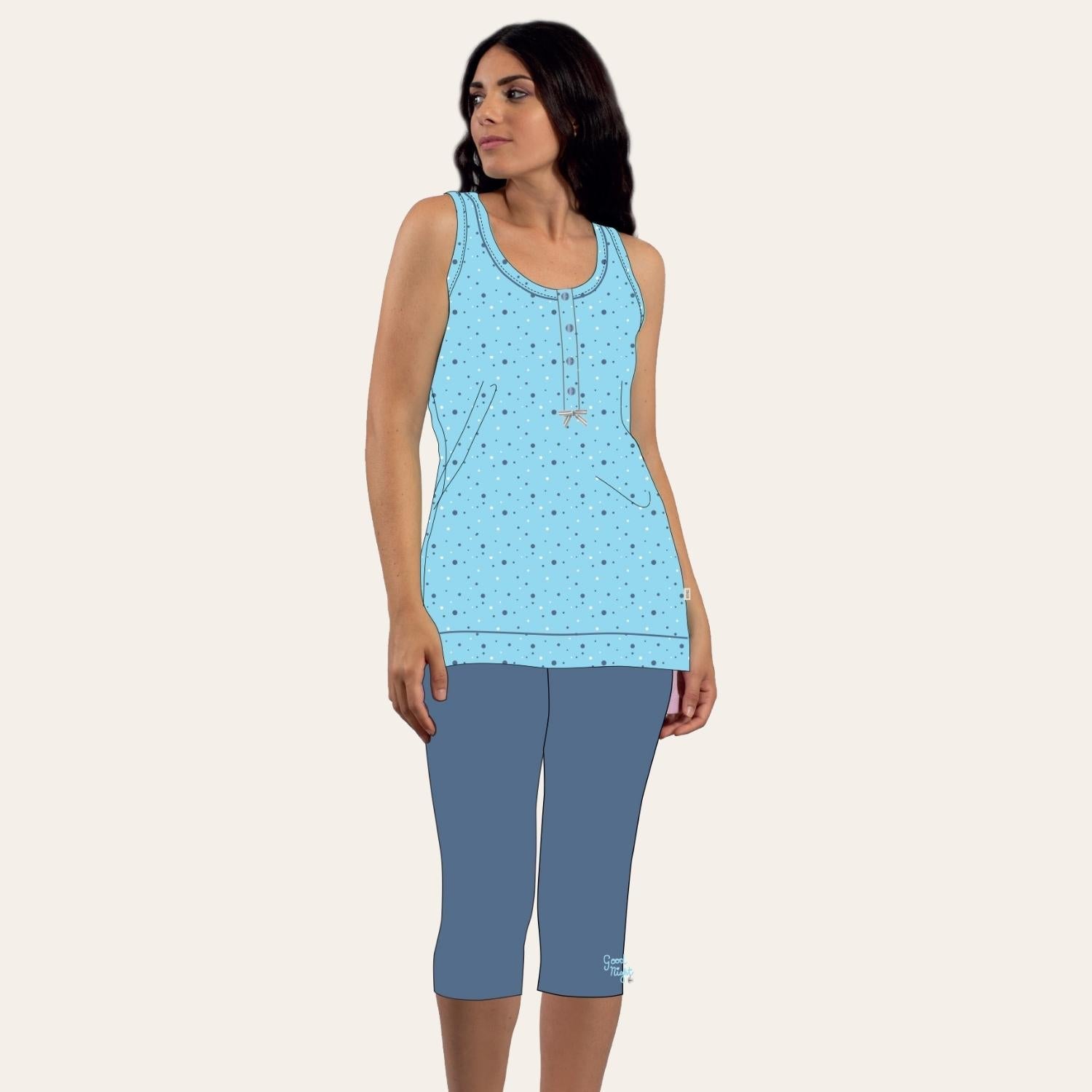 Irge Pigiama Donna Calibrato Pinocchietto Spalla-larga In Jersey Puro Cotone  Art. Cdm161