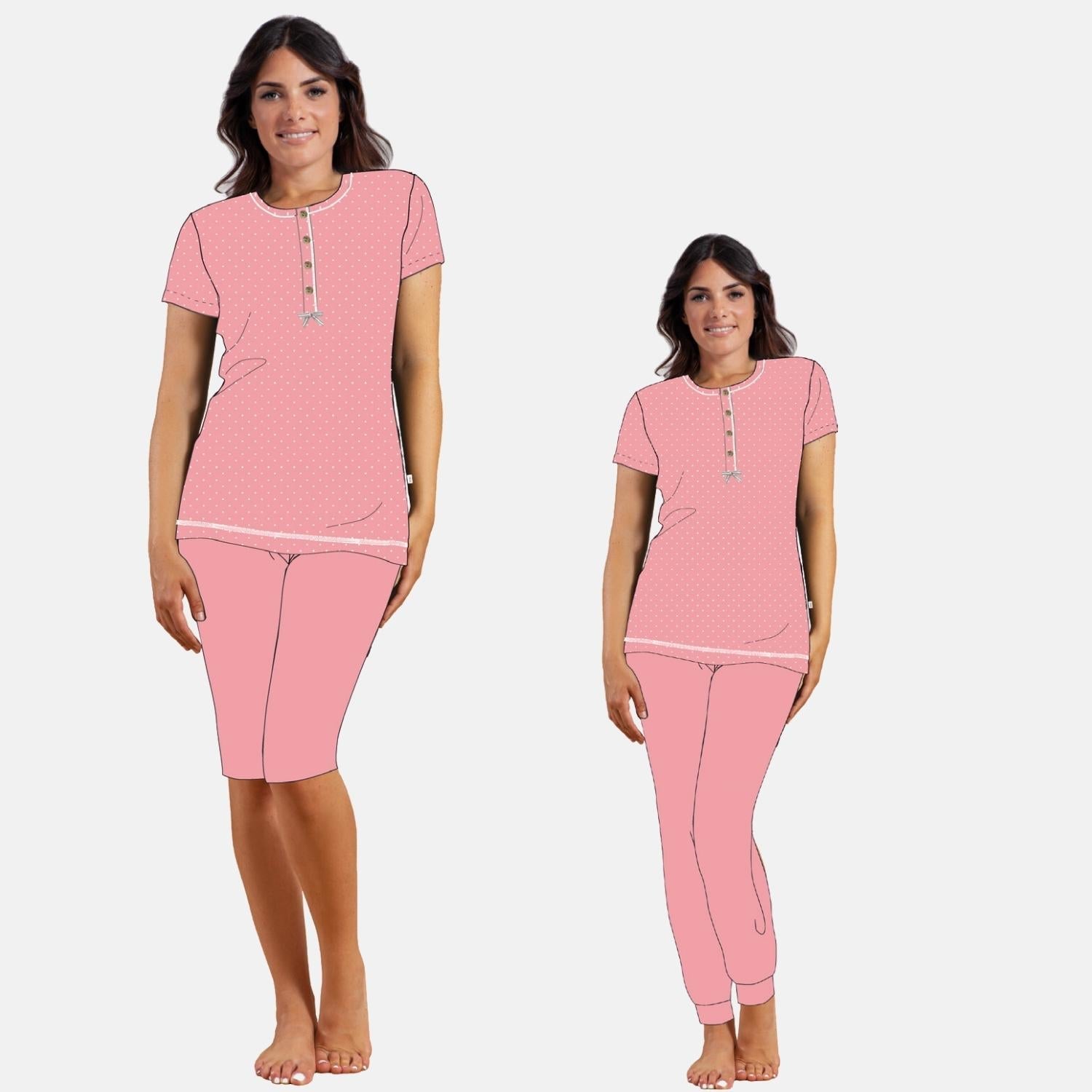 Irge Pigiama Donna Calibrato 3 Pezzi Maglia Mezza Manica - Pantalone Lungo - Pantalone Corto In Cotone