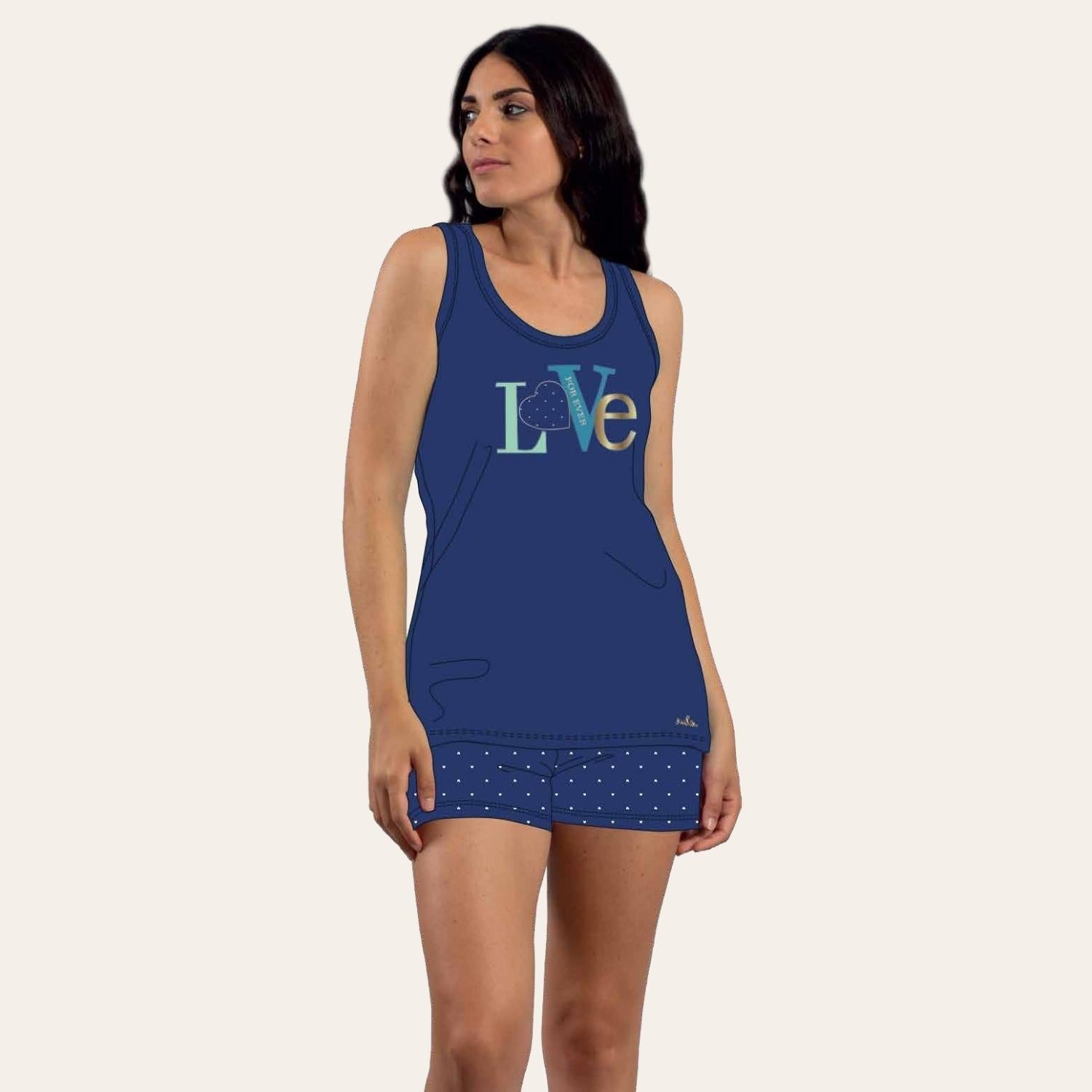 You&me Pigiama Donna Corto Spalla Larga Stampato Con Ricamo In Puro Cotone  Art. Y&m477