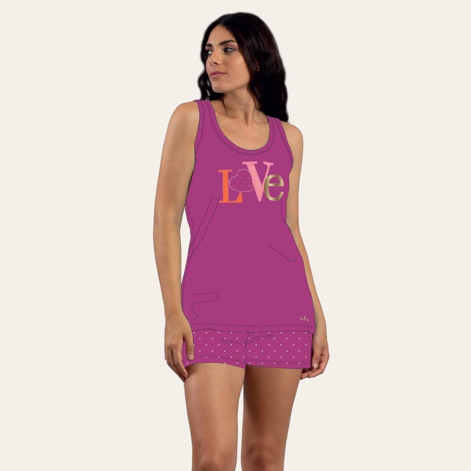 You&me Pigiama Donna Corto Spalla Larga Stampato Con Ricamo In Puro Cotone  Art. Y&m477
