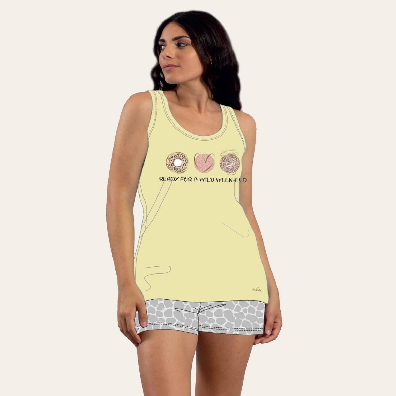 You&me Pigiama Donna Corto Spalla Larga Stampato Short Fantasia In Puro Cotone  Art. Y&m487