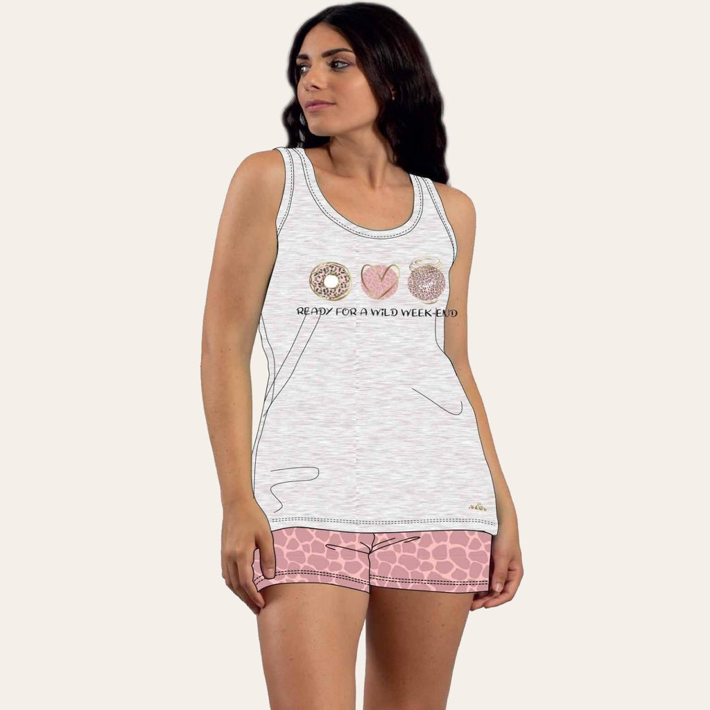 You&me Pigiama Donna Corto Spalla Larga Stampato Short Fantasia In Puro Cotone  Art. Y&m487