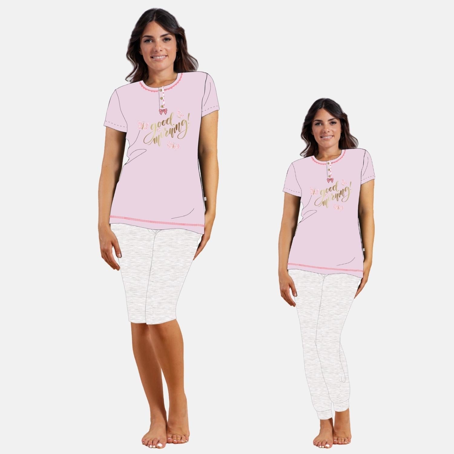 Irge Pigiama Donna 3 Pezzi Mezza Manica - Pantalone Lungo E Pantalone Corto In Puro Cotone