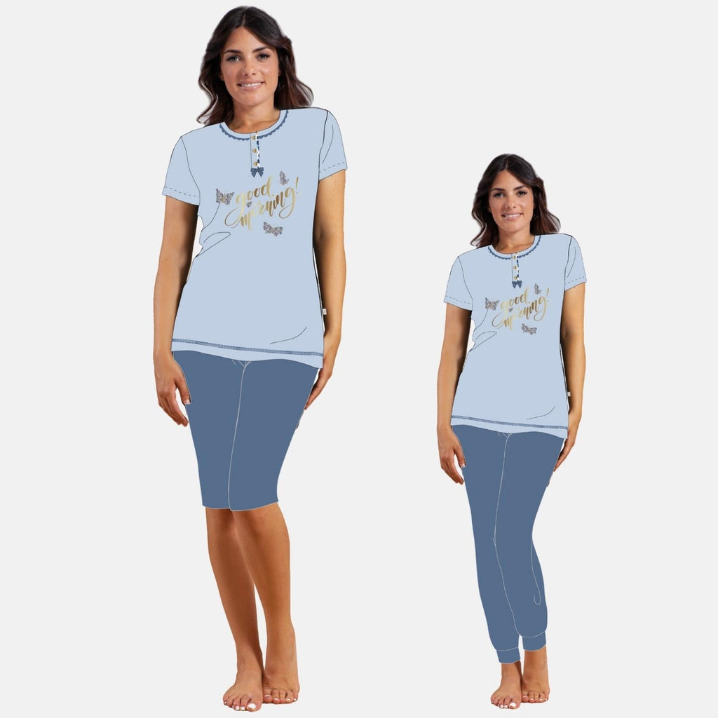 Irge Pigiama Donna 3 Pezzi Mezza Manica - Pantalone Lungo E Pantalone Corto In Puro Cotone