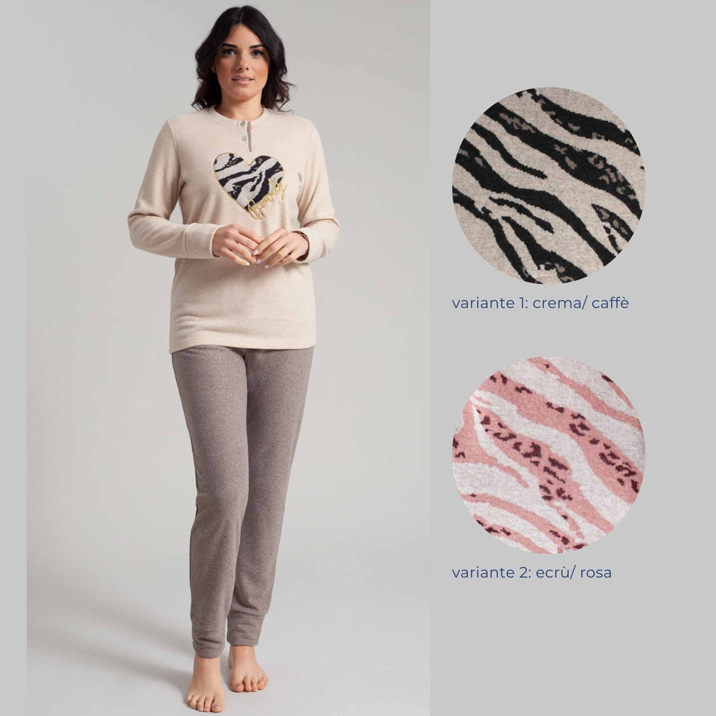 Irge - Pigiama Donna Invernale In Punto Milano Serafino 3 Bottoni Con Taschino E Pantalone Con Elastico No Stress  Art. Pmt09
