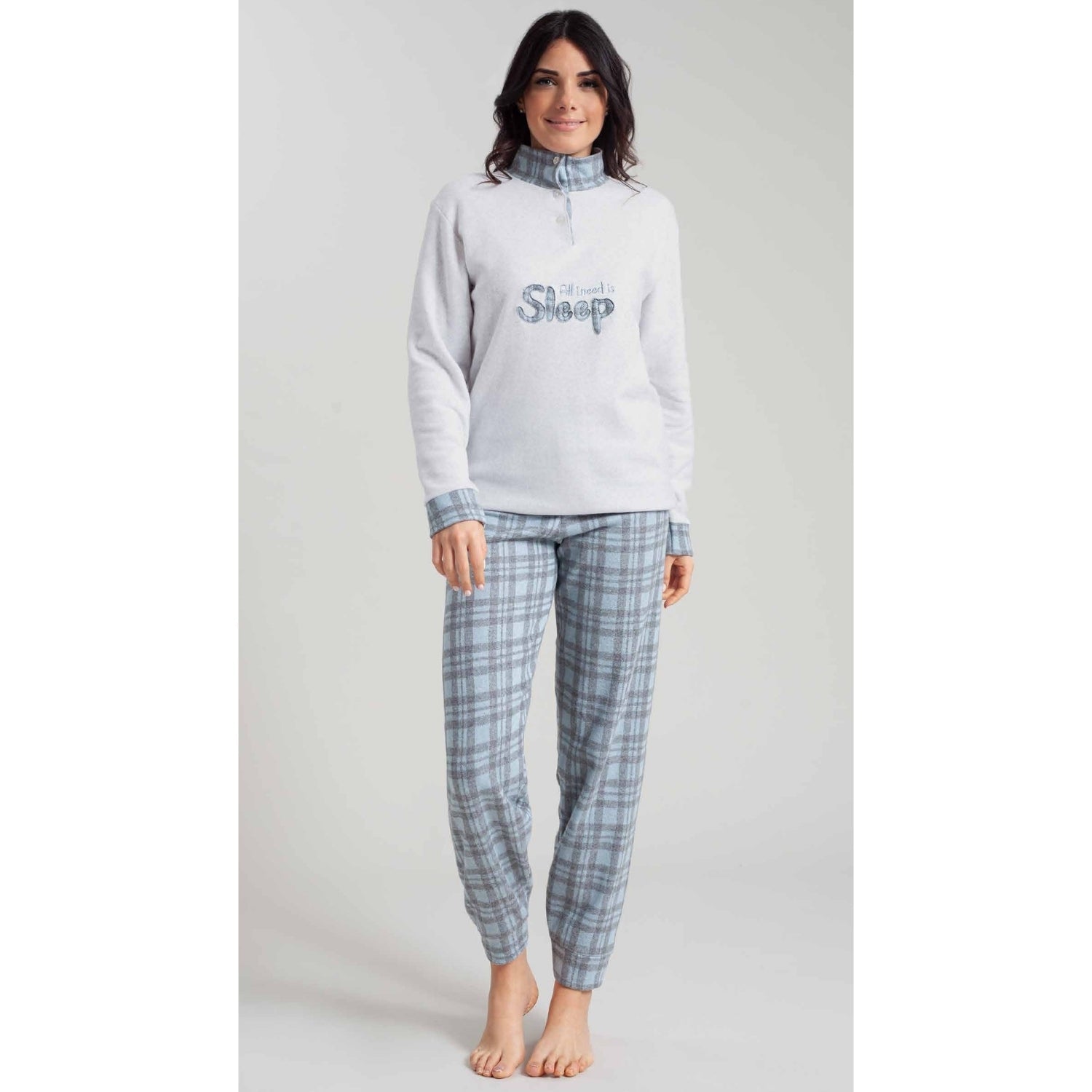 Irge Woman Pigiama Donna Invernale Punto Milano Serafino 3 Bottoni Con Ricamo Pantalone Fantasia Art. Pmd346