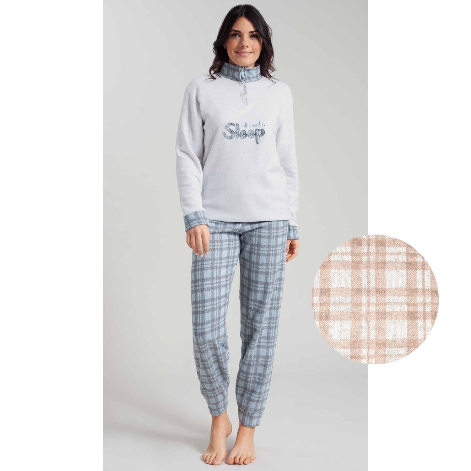 Irge Woman Pigiama Donna Invernale Punto Milano Serafino 3 Bottoni Con Ricamo Pantalone Fantasia Art. Pmd346