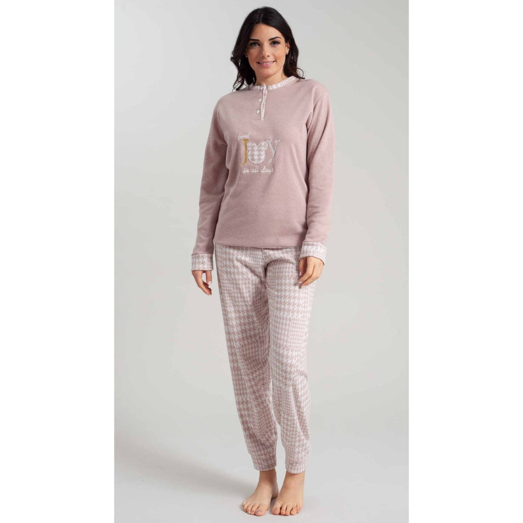 Irge Woman Pigiama Donna Invernale Punto Milano Serafino 3 Bottoni Con Ricamo Pantalone Fantasia  Art. Pmd353