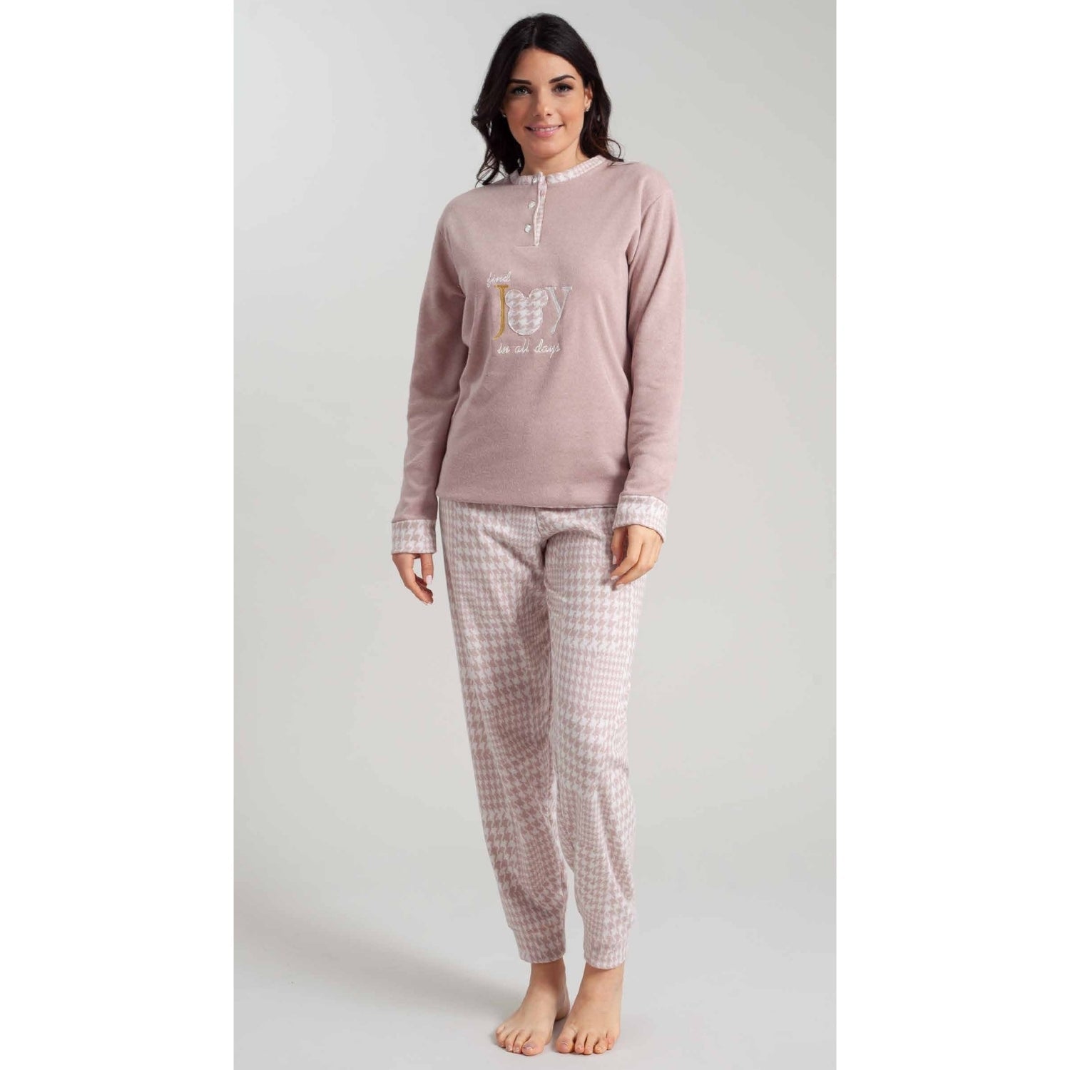 Irge Woman Pigiama Donna Invernale Punto Milano Serafino 3 Bottoni Con Ricamo Pantalone Fantasia  Art. Pmd353