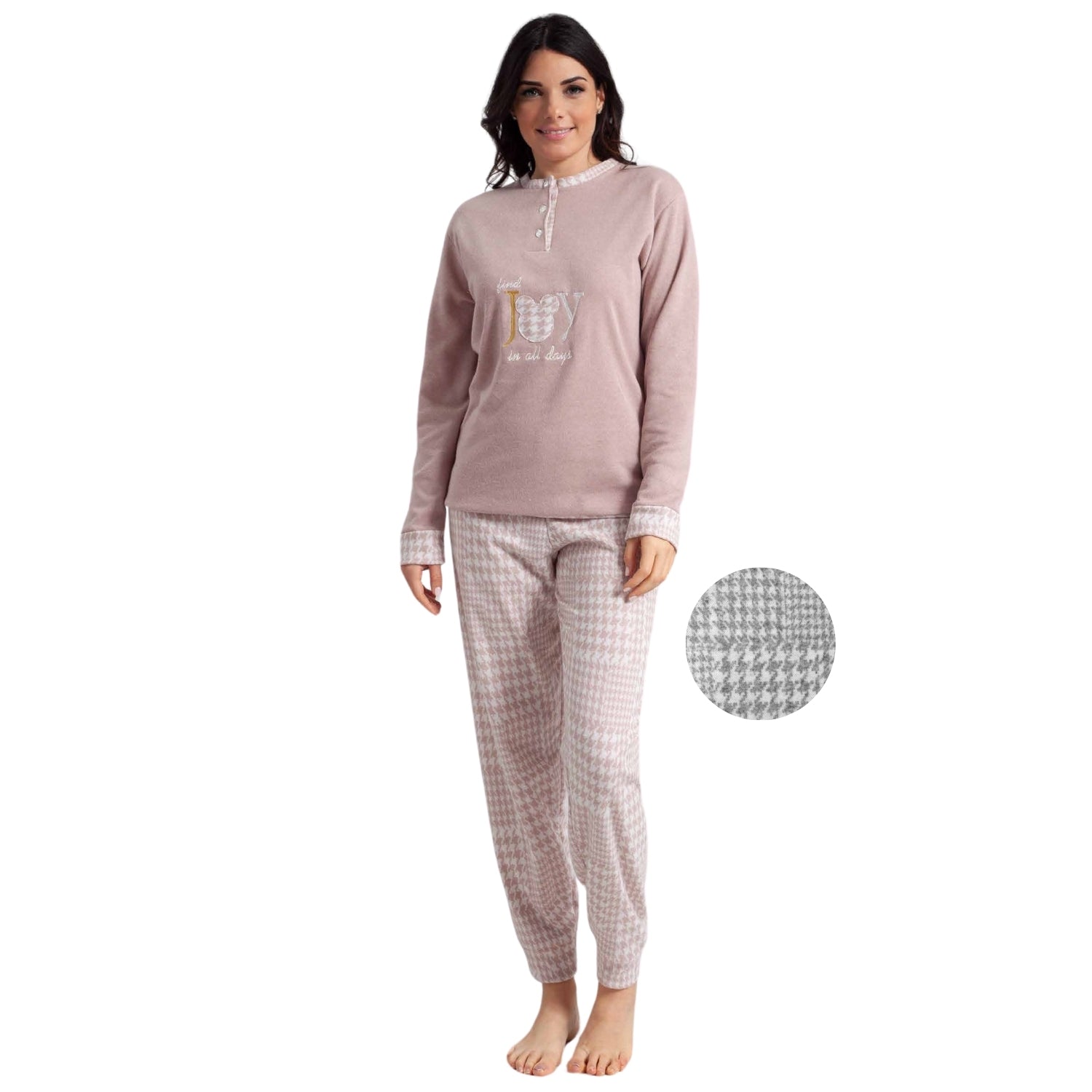 Irge Woman Pigiama Donna Invernale Punto Milano Serafino 3 Bottoni Con Ricamo Pantalone Fantasia  Art. Pmd353