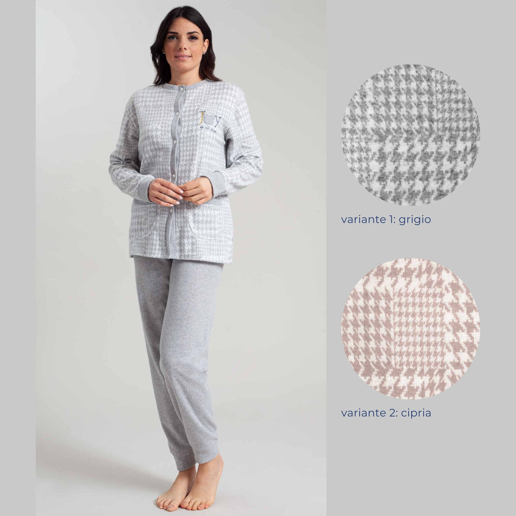 Irge - Pigiama Donna Invernale In Punto Milano Serafino 3 Bottoni Con Taschino E Pantalone Tinta Unita Con Elastico No Stress  Art. Pmd355