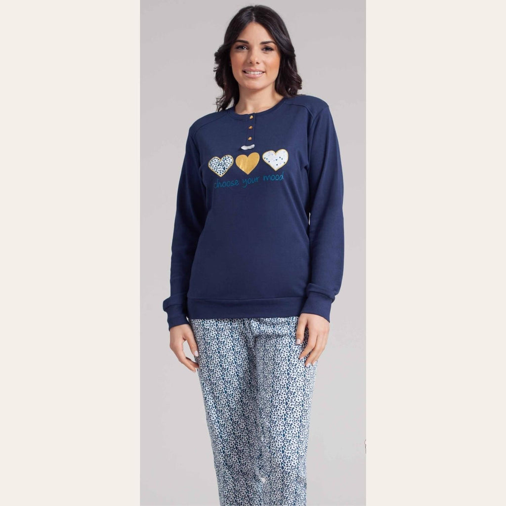 Irge Pigiama Donna Serafino Con Ricamo In Caldo Cotone 100% Pantalone Fantasia  Art. Mi1915