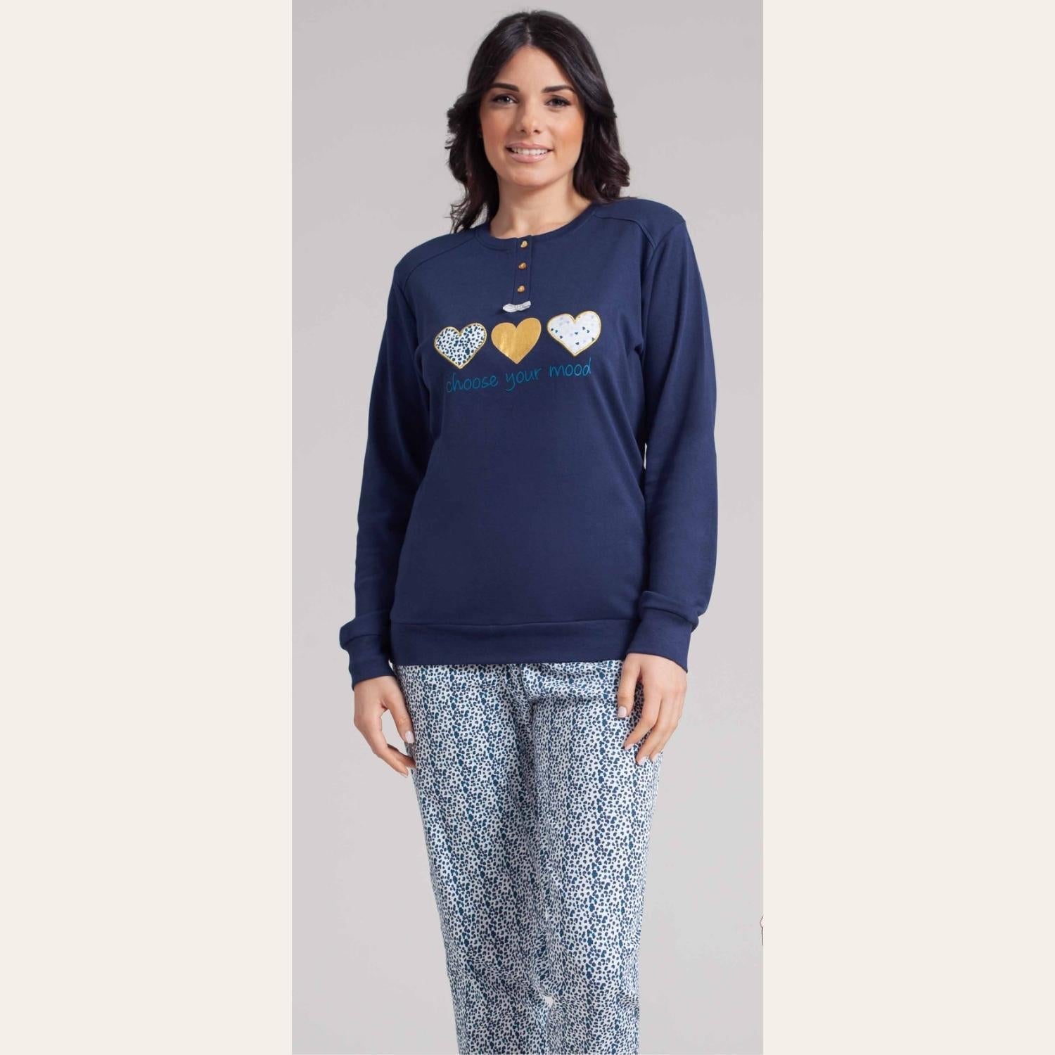 Irge Pigiama Donna Serafino Con Ricamo In Caldo Cotone 100% Pantalone Fantasia  Art. Mi1915