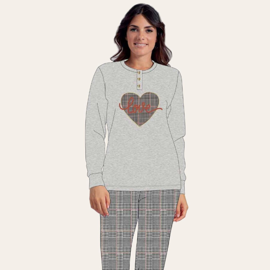 Irge Pigiama Donna Serafino Con Ricamo In Caldo Cotone 100% Pantalone Fantasia  Art. Mi1918