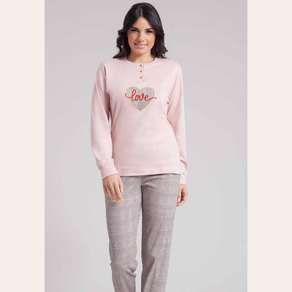Irge Pigiama Donna Serafino Con Ricamo In Caldo Cotone 100% Pantalone Fantasia  Art. Mi1918