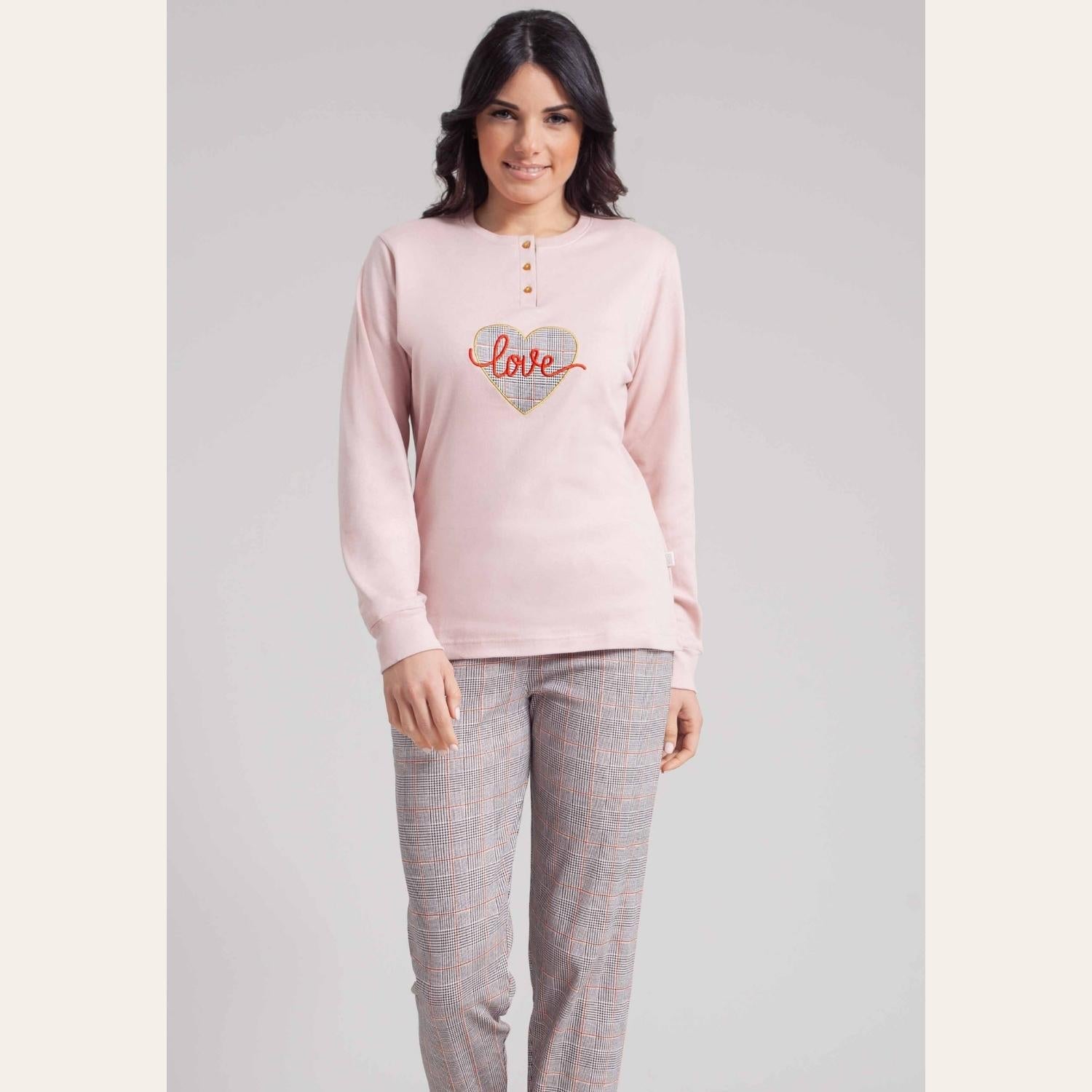 Irge Pigiama Donna Serafino Con Ricamo In Caldo Cotone 100% Pantalone Fantasia  Art. Mi1918