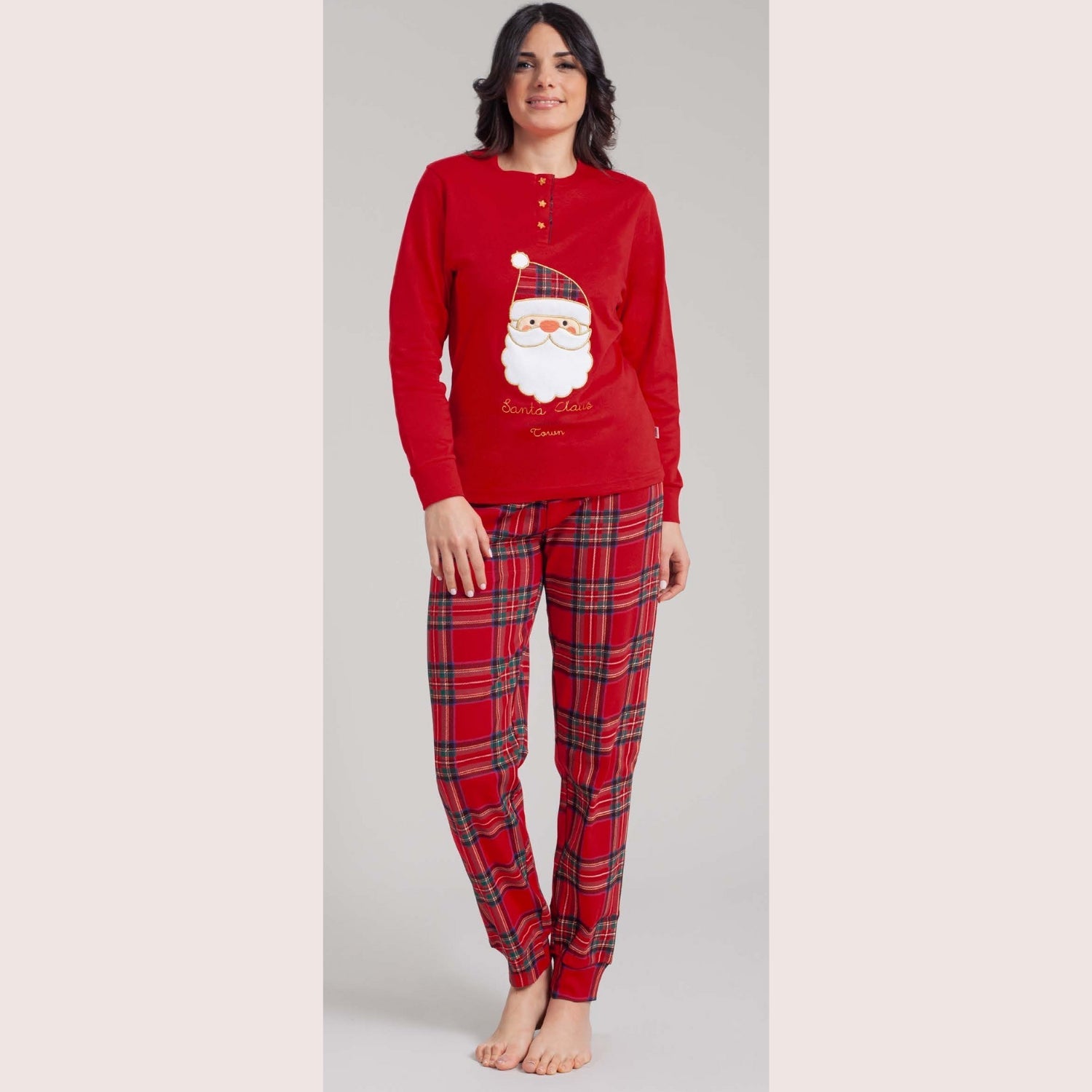 Irge - Pigiama Donna Natalizio In Caldo Cotone Disegno Babbo Natale Art. Xmasl09