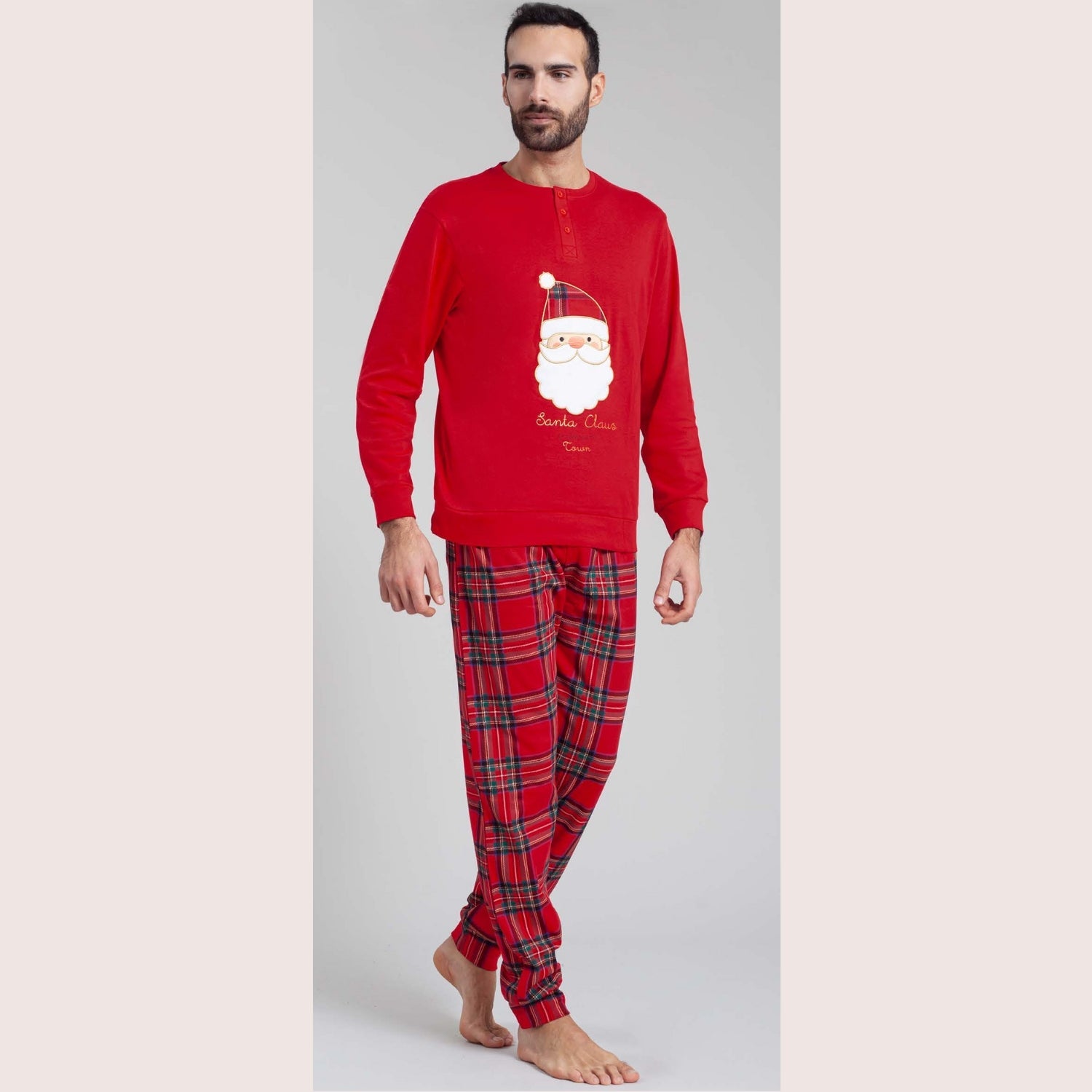 Irge - Pigiama Uomo Natalizio In Caldo Cotone Disegno Babbo Natale Art. Xmasm10