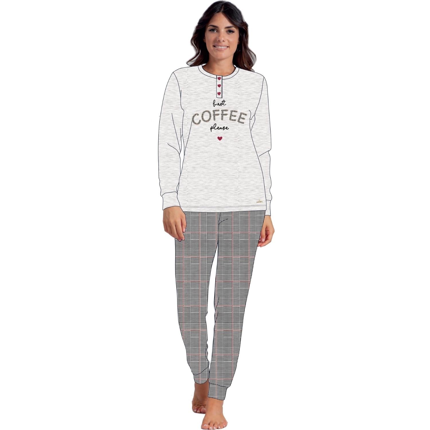 You & Me Inverno Pigiama Donna Serafino In Caldo Cotone -con Stampato E Ricamo-  Art. Y&m505