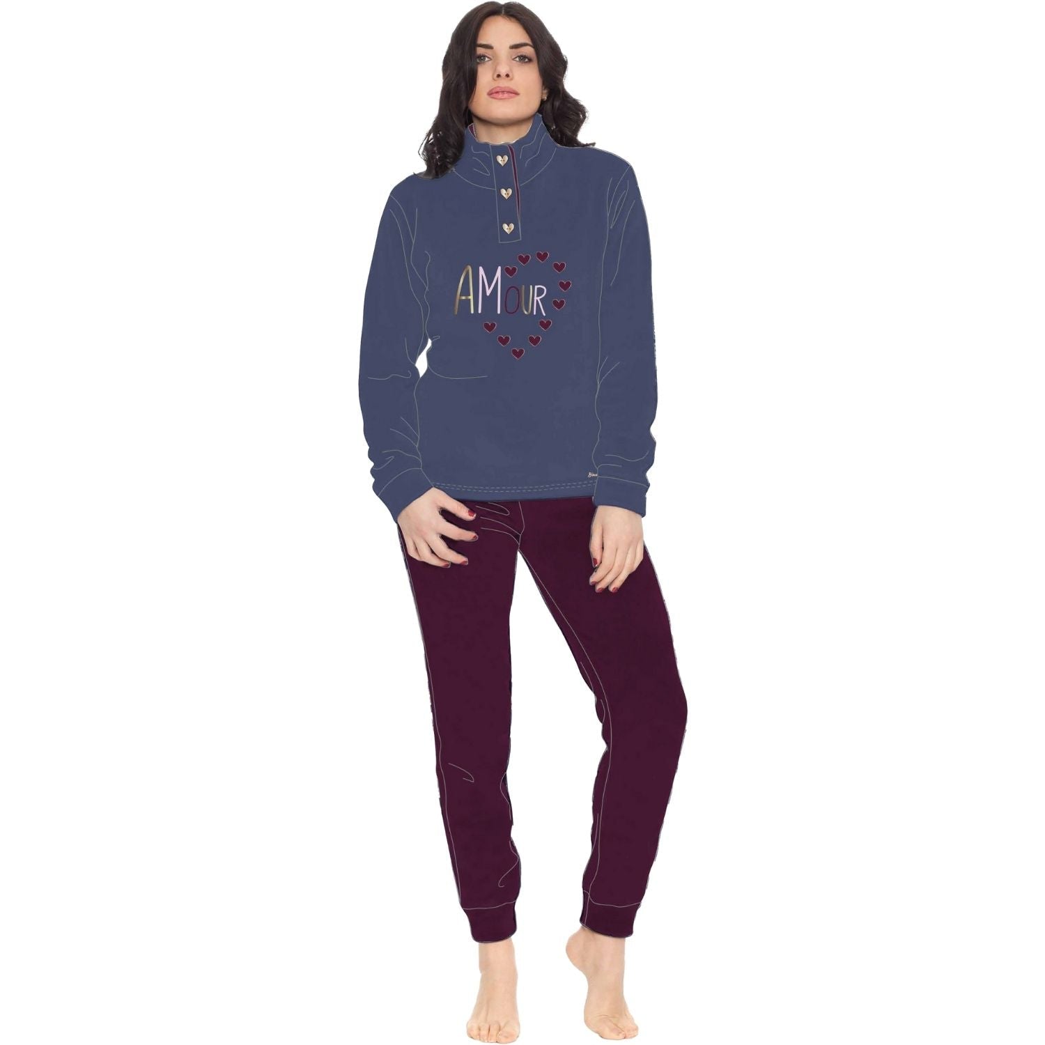 You&me Donna - Pigiama Donna In Soffice Coral 3 Bottoni E Ricamo Tinta Unita  Art. Y&m508