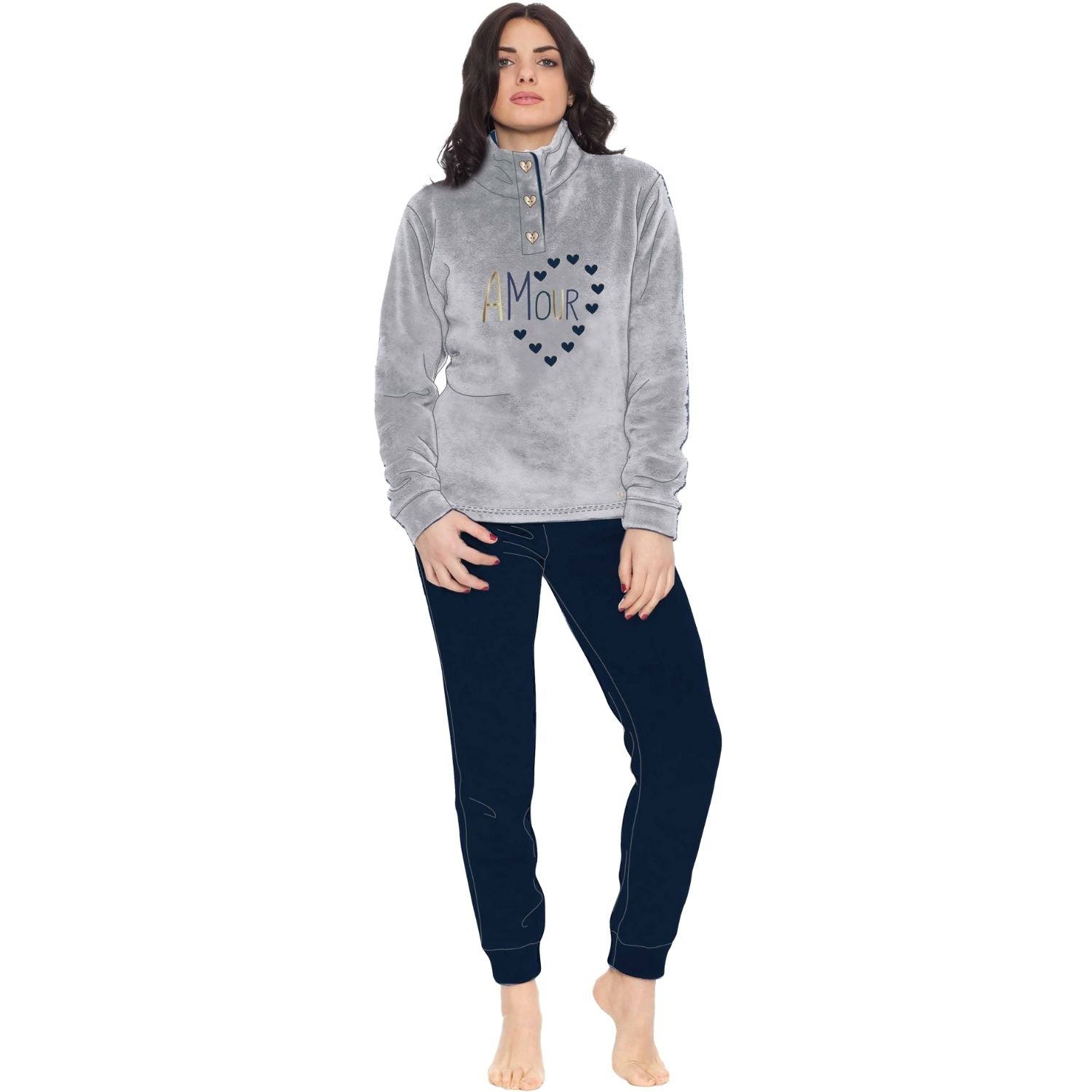You&me Donna - Pigiama Donna In Soffice Coral 3 Bottoni E Ricamo Tinta Unita  Art. Y&m508