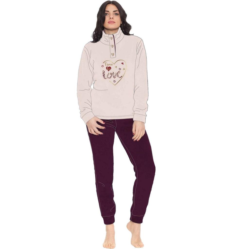 You&me Donna - Pigiama Donna In Soffice Coral 3 Bottoni Con Ricamo Tinta Unita  Art. Y&m509