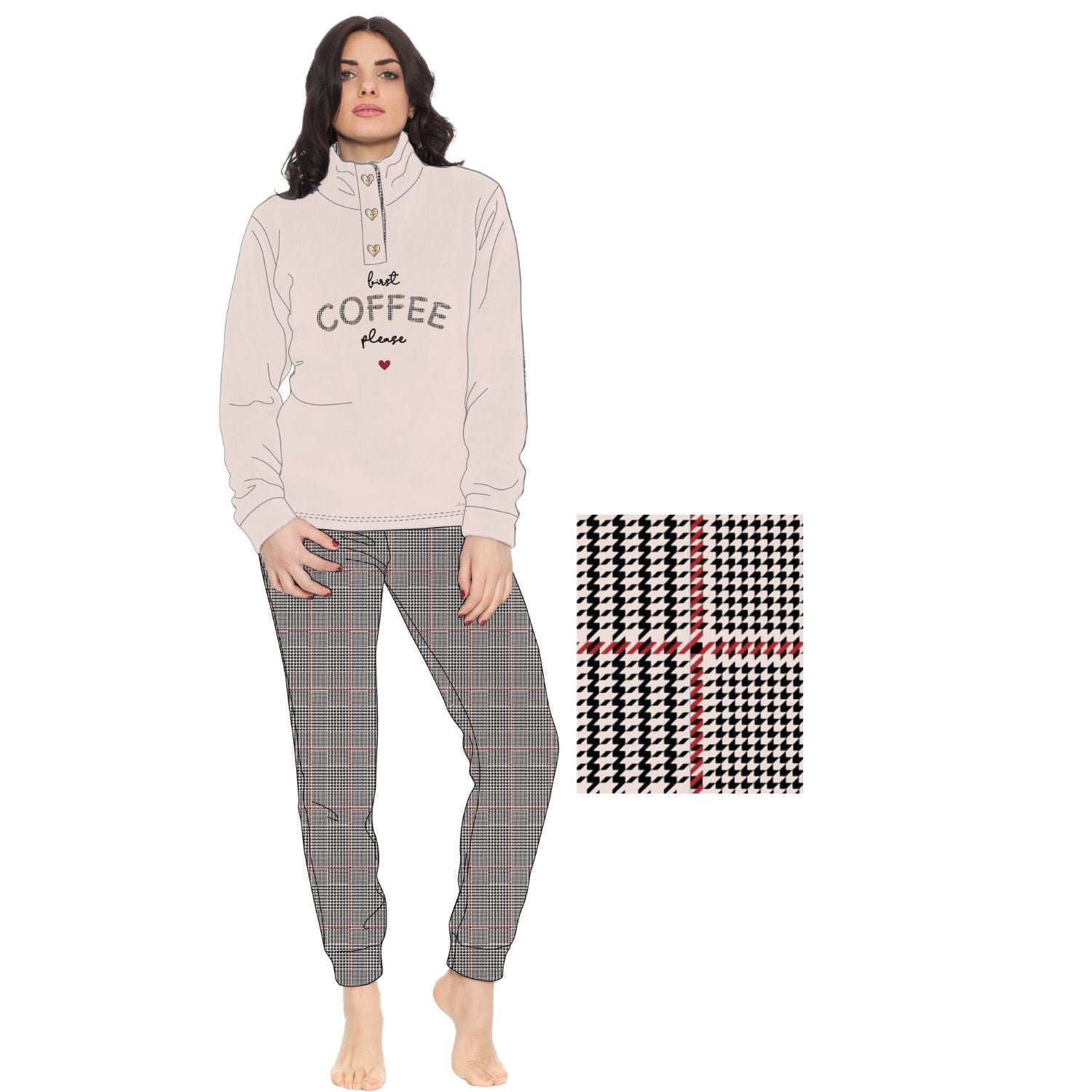 You&me Donna - Pigiama Donna In Soffice Coral 3 Bottoni E Ricamo Pantalone Fantasia  Art. Y&m510