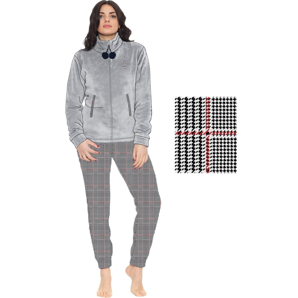 You&me Donna - Pigiama Donna In Soffice Coral Con Zip E Ricamo Pantalone Fantasia  Art. Y&m512