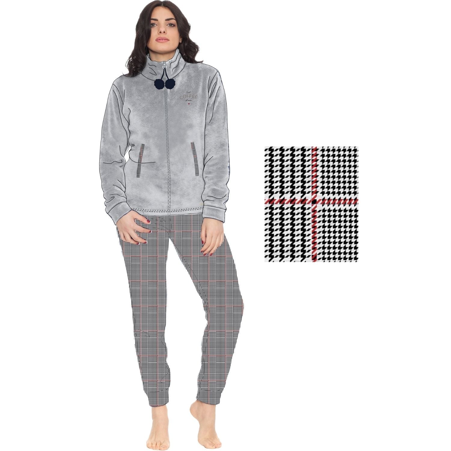 You&me Donna - Pigiama Donna In Soffice Coral Con Zip E Ricamo Pantalone Fantasia  Art. Y&m512