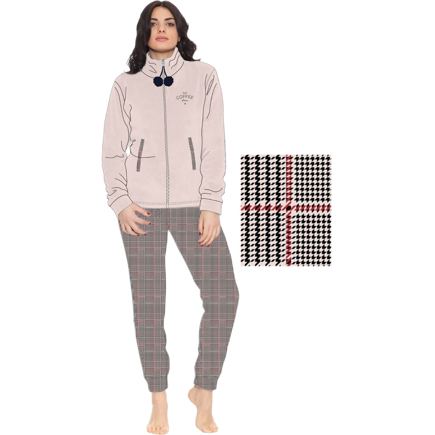 You&me Donna - Pigiama Donna In Soffice Coral Con Zip E Ricamo Pantalone Fantasia  Art. Y&m512