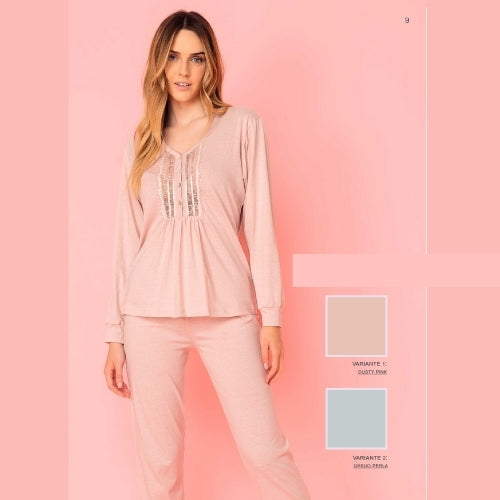 Irge - Pigiama Donna Cotone Primavera Lungo Serafino 4 Bottoni Con Inserto Pizzo In Puro Cotone  Art. Ir2101