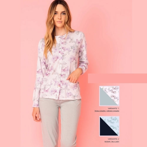 Irge - Pigiama Donna Cotone Primavera Lungo Aperto Fantasia In Puro Cotone  Art. Ir2099