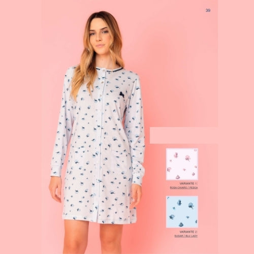 Irge Primavera Camicia Da Notte Manica Lunga Aperta Avanti Fantasia In Jersey Di Puro Cotone  Art. Ir1977