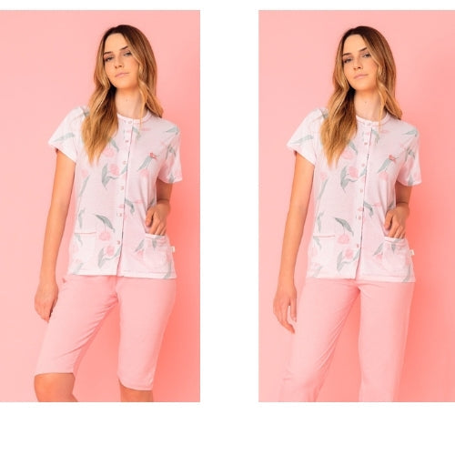 Irge Pigiama Donna 3 Pezzi M/manica Aperto +pantalone Lungo+pantalone Corto In Puro Cotone Art. Td41
